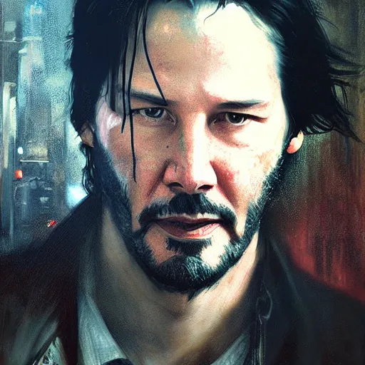 Image similar to keanu reeves, hyperrealistic portrait, bladerunner street, art of elysium by jeremy mann and alphonse mucha, fantasy art, photo realistic, dynamic lighting, artstation, poster, volumetric lighting, very detailed face, 4 k, award winning