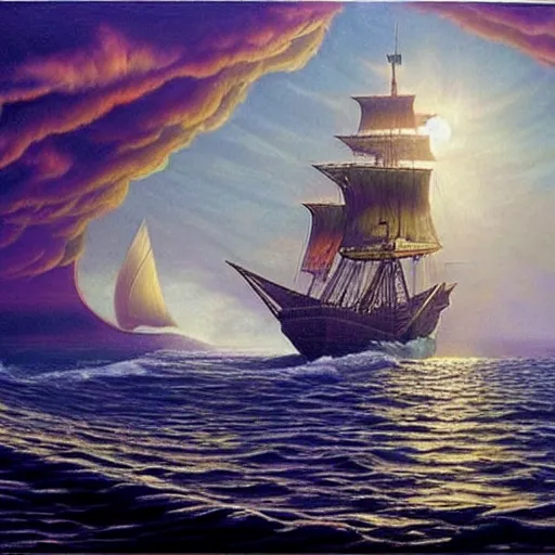 Prompt: A pirate on the high seas that has magical pearlescent shimmering see through sails, painting by David A Hardy