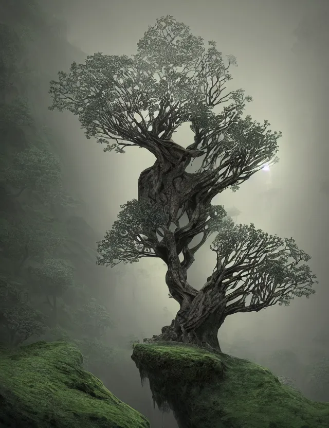 Prompt: a beautiful old tree with glowing lights in the branches with winding buttressed roots rising above a cairn covered in miss in the mist with sparkling streams and rivulets of water running down into an underground lake by james jean by roger dean by lee madgewick, at dawn, volumetric light, spiritual light, houdini particles, trending on artstation