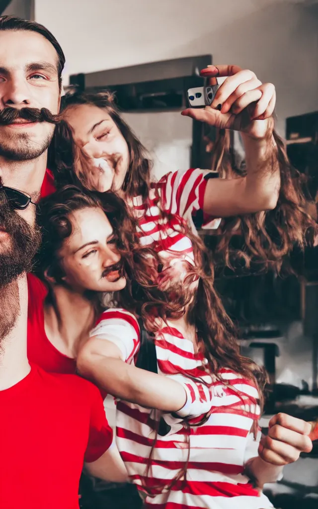 Image similar to A guy in a red t-shirt with a mustache and beard smiles in a selfie. Behind is a girl in a striped T-shirt. photo realistic 4k hd