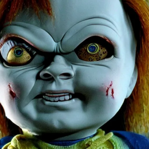 Image similar to Chucky the killer doll from the movie Child's Play looking sinister movie still 8k hdr highly detailed