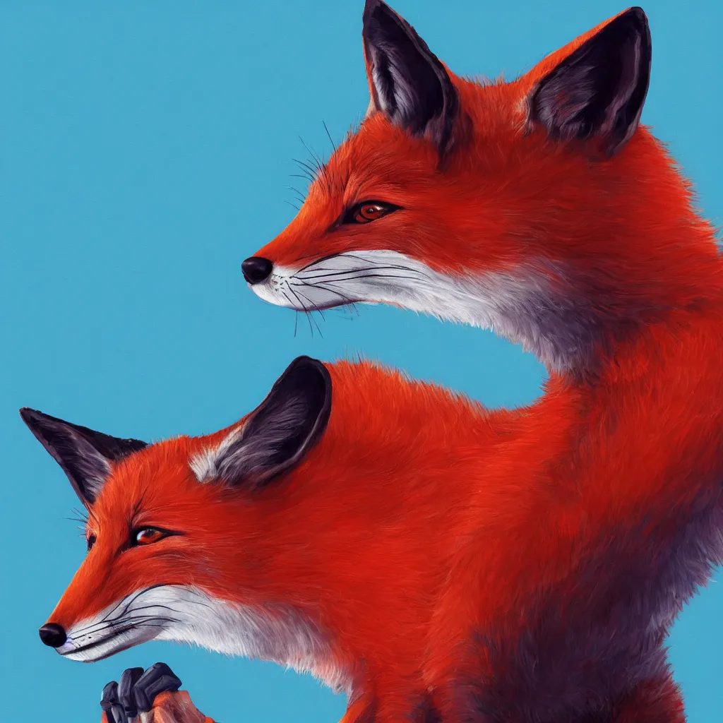 Image similar to a close-up profile shot of a red fox in a blue hoodie on the white background holding a notebook in one paw and typing with another paw, a hacker group badge on the hoodie sleeve, stroke painting, cyberpunk style, digital art picture, highly detailed, artstation