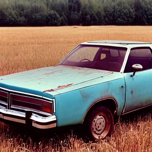 Prompt: A photograph of a rusty, worn out, broken down, beater Powder Blue Dodge Aspen (1976) in a farm field, photo taken in 1989
