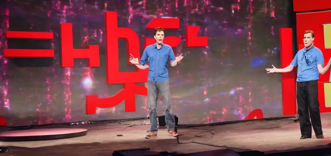 Image similar to jerma 9 8 5 doing a ted talk, wide shot, high resolution, editorial