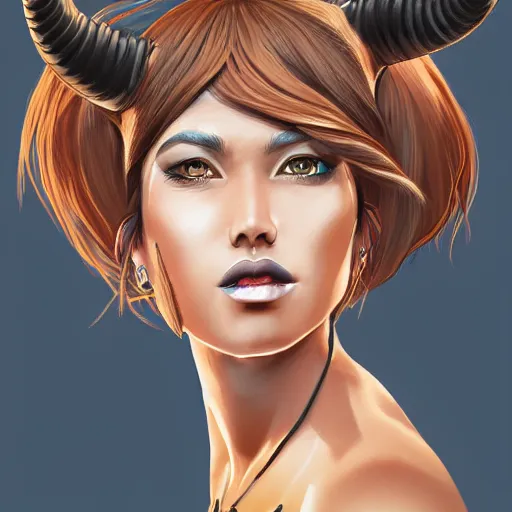 Image similar to illustrated realistic portrait of swept-back prong-horned devil woman with blue bob hairstyle and her tan colored skin and with solid black eyes wearing leather by rossdraws