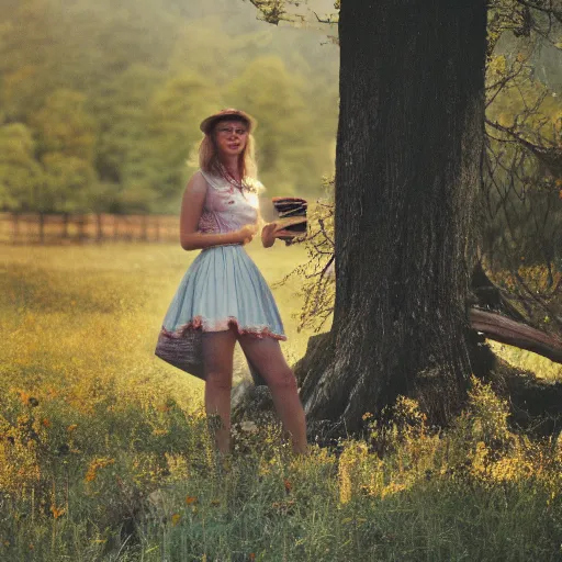 Image similar to a stunning 35mm photo of a lady who looks like she drinks sweet tea drinking sweet tea, southern pastoral scene, hazy air