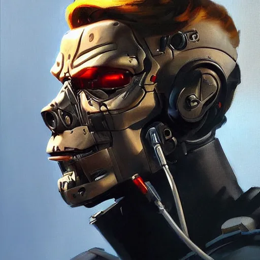 Image similar to greg manchess portrait painting of the terminator as overwatch character, aesthetic, medium shot, asymmetrical, profile picture, organic painting, sunny day, matte painting, bold shapes, hard edges, street art, trending on artstation, by huang guangjian and gil elvgren and sachin teng