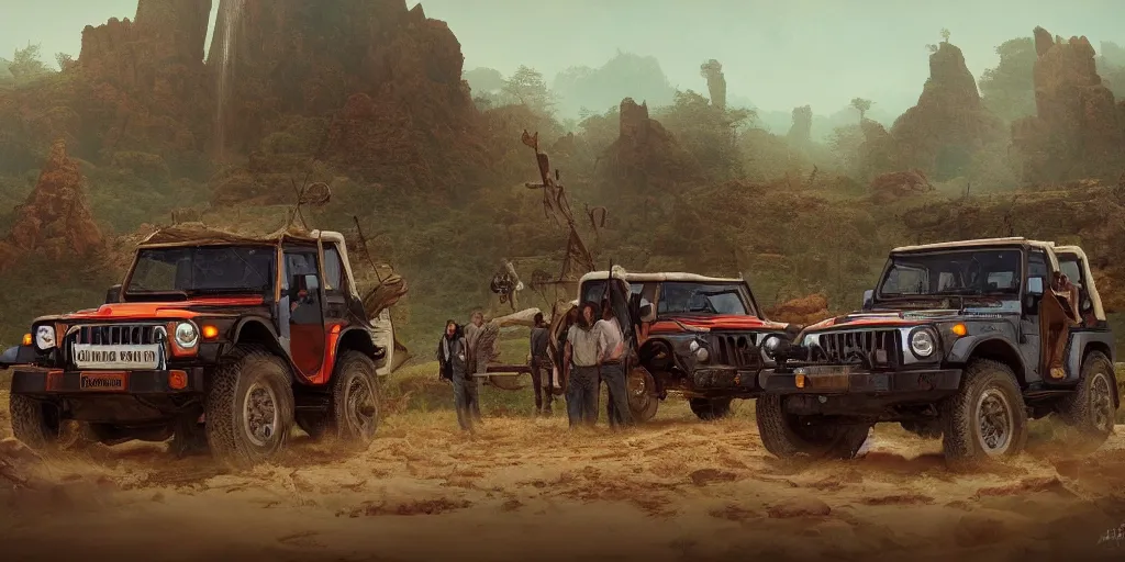 Prompt: Mahindra Thar with tribe members nearby, an epic fantasy, dramatic lighting, cinematic, establishing shot, extremely high detail, photorealistic, cinematic lighting, artstation, by simon stalenhag, horizon forbidden west