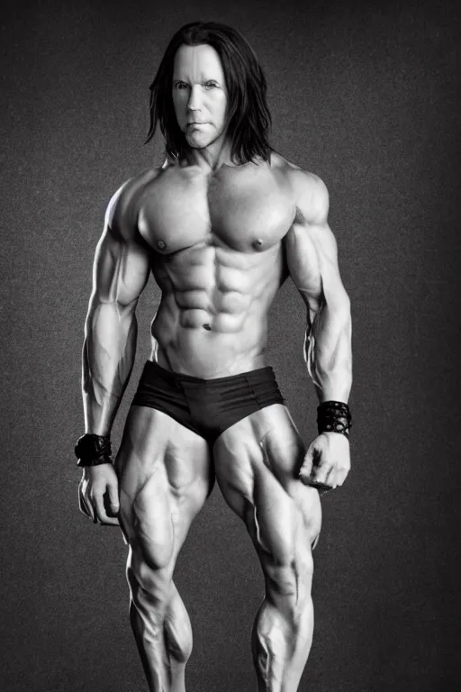 Image similar to Matthew Mercer is a jacked muscle builder gigachad, grayscale photography