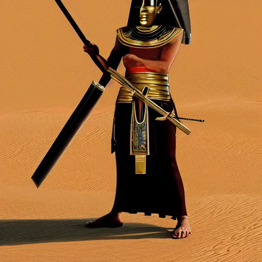 Prompt: masked egyptian samurai with katana, standing in desert