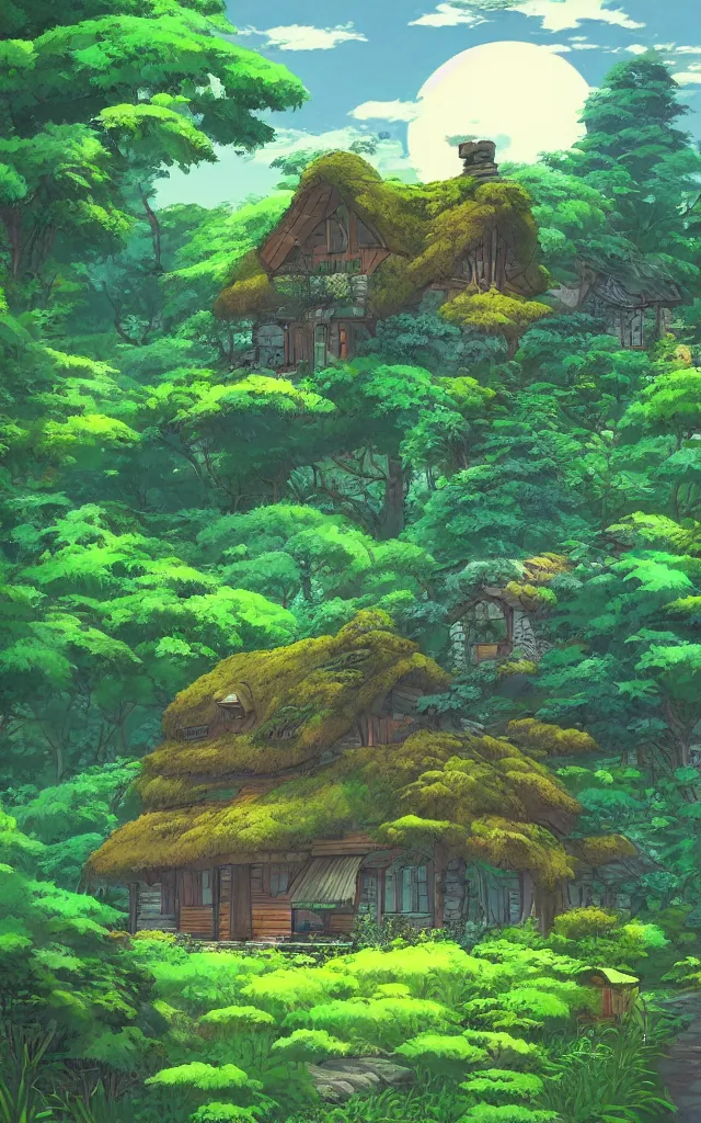 Prompt: Stunning cottage, solar, lush, forest, beautiful, by Studio Ghibli and Michael Kincade, artstation