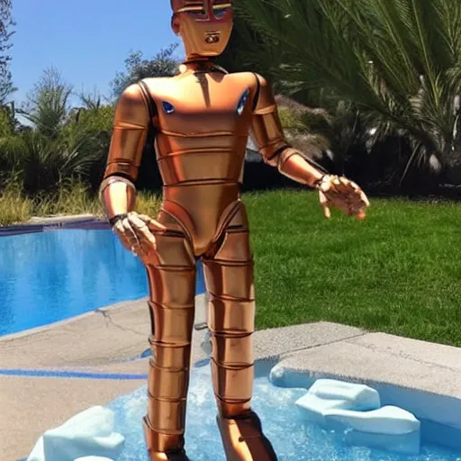 Image similar to a realistic detailed photo of a guy who is an attractive humanoid who is half robot and half humanoid, who is a male android, wrestler bryce meredith, shiny skin, posing like a statue, blank stare, by the pool, on display, showing off his muscles, humanoid robot, frozen ice statue