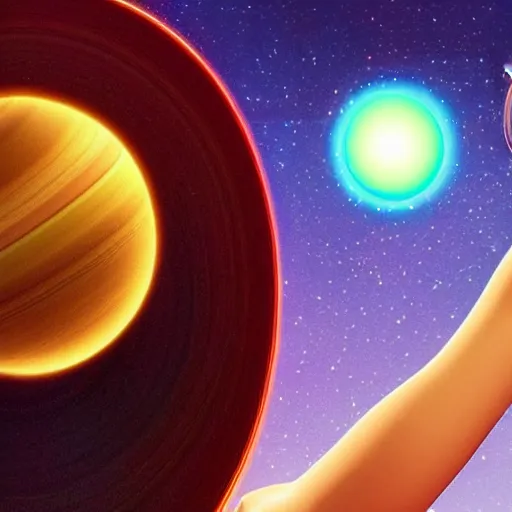 Image similar to a closeup of a woman wearing a neckless on the neck with a glowing planet Saturn as the pendant, the rings are glowing around the planet, the woman's hand reaching for the pendant, in the style of toy story Pixar movie