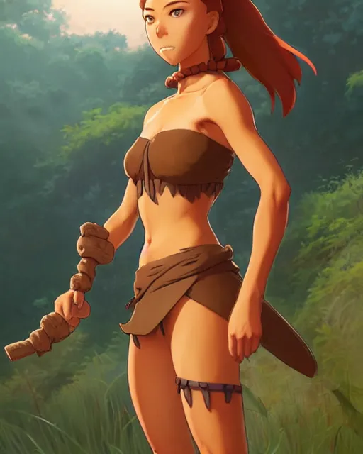 Image similar to ginger tanned woman in a prehistoric outfit, by artgerm, hair tied in a ponytail, no background character concept, by studio muti, greg rutkowski makoto shinkai takashi takeuchi studio ghibli