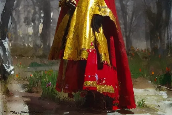 Image similar to oil painting of king, red royal cape, large golden crown, rich jewellery, art by anders zorn, wonderful masterpiece by greg rutkowski, beautiful cinematic light, american romanticism by greg manchess, creation by tyler edlin