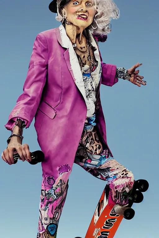 Image similar to a portrait of a fashionable gran on a skateboard in los angeles, in the style of david lachapelle