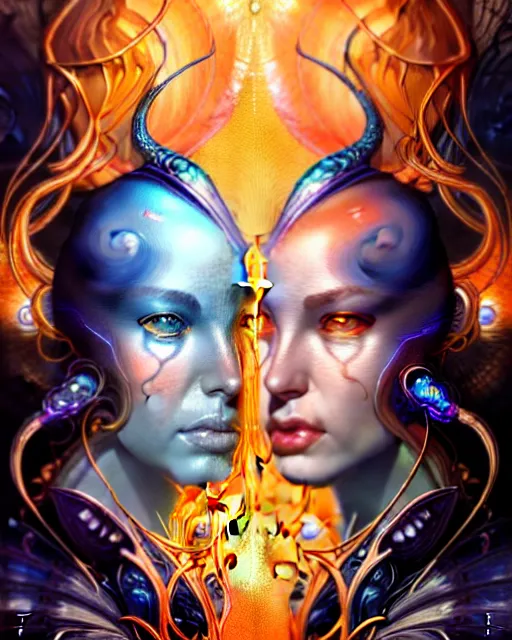 Image similar to a portrait of gemini water and fire fantasy character portrait made of fractals facing each other, ultra realistic, wide angle, intricate details, the fifth element artifacts, highly detailed by peter mohrbacher, hajime sorayama, wayne barlowe, boris vallejo, aaron horkey, gaston bussiere, craig mullins