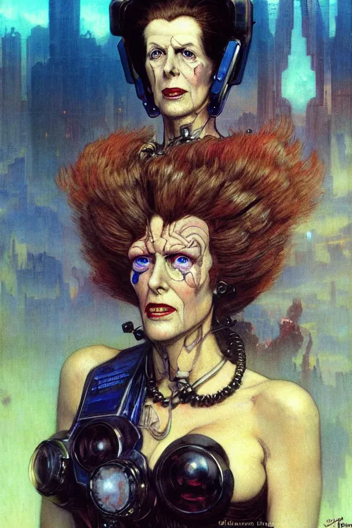 Image similar to cyberpunk margaret thatcher, character design, painting by gaston bussiere, katsuya terada, frank frazetta, tom of finland, trending on artstation