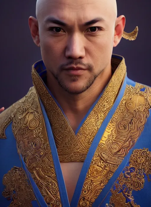 Image similar to bald male martial artist with a high ponytail!!!! asian facial features and blue eyes!! intricate ornate blue robes!! character concept art, sharp focus, octane render! unreal engine 5! highly rendered!! trending on artstation!! detailed linework!! illustration by artgerm, wlop, and chie yoshii