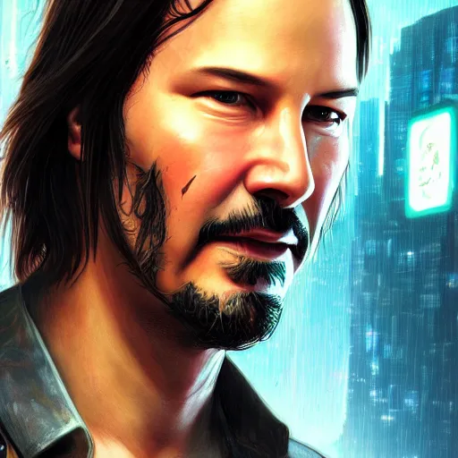 Image similar to closeup of Keanu Reeves in a cyberpunk city, film still, D&D, fantasy, intricate, elegant, highly detailed, digital painting, artstation, concept art, matte, sharp focus, illustration, hearthstone, art by Artgerm and Greg Rutkowski and Alphonse Mucha