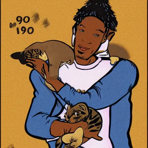 Image similar to storybook illustration of a rapper in 1 9 9 0 new york holding a kitten up to the camera, storybook illustration, monochromatic