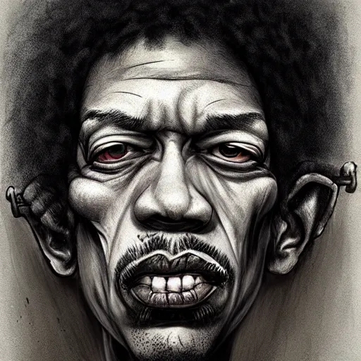 Image similar to surrealism grunge cartoon portrait sketch of Jimi Hendrix, by michael karcz, loony toons style, freddy krueger style, horror theme, detailed, elegant, intricate