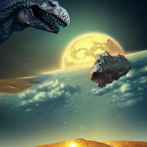 Image similar to A T-Rex watching the asteroid hitting Earth, digital art, realistic, artstation, detailed