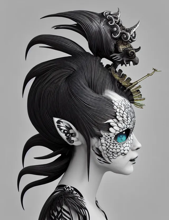 Image similar to 3 d goddess close - up profile portrait punk with mohawk with ram skull. beautiful intricately detailed japanese crow kitsune mask and clasical japanese kimono. betta fish, jellyfish phoenix, bio luminescent, plasma, ice, water, wind, creature, artwork by tooth wu and wlop and beeple and greg rutkowski