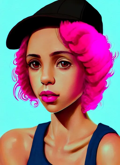 Image similar to portrait of teenage vanessa morgan with bright pink hair, black girl, curly pixie cut hair, wearing newsboy cap, pink short haircut, newsboy cap, hoop earrings, blue eyes, intricate, elegant, glowing lights, highly detailed, digital painting, artstation, concept art, smooth, sharp focus, illustration, art by wlop, mars ravelo and greg rutkowski