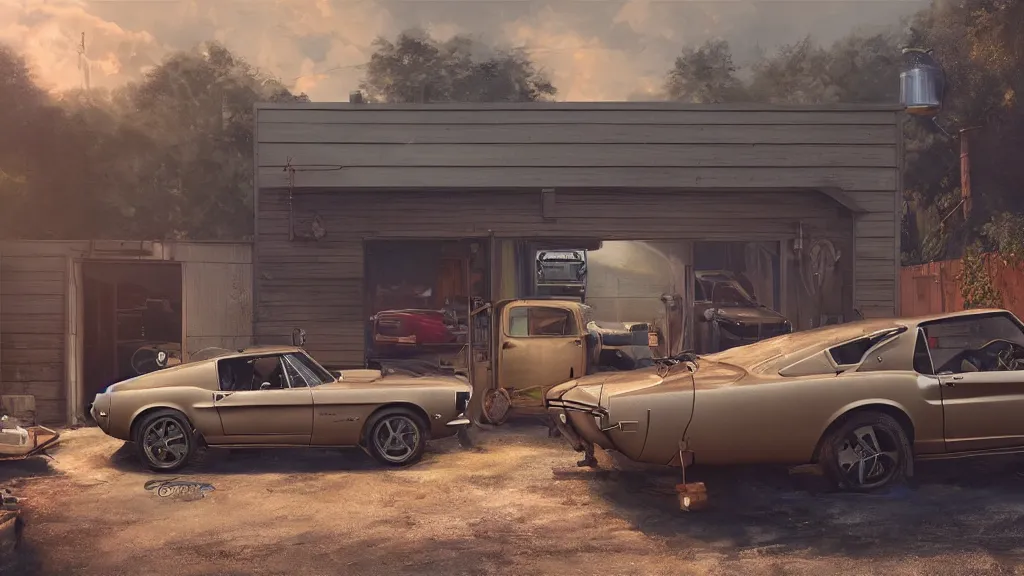 Prompt: a photorealistic hyperrealistic render of an interior of a beautiful cozy garage repair shop with a single classic mustang gt partially hidden by a tarp gathering dust by pixar, greg rutkowski, wlop, artgerm, dramatic moody sunset lighting, long shadows, volumetric, cinematic atmosphere, octane render, artstation, 8 k