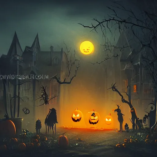 Image similar to a creepy and eery Halloween setting, with Jack o lanterns on the street and shadow figures lurking about, dynamic lighting, photorealistic fantasy concept art, stunning visuals, creative, cinematic, ultra detailed, trending on art station, spooky vibe