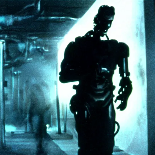 Prompt: Terminator film scene, atmospheric light, terminator factory, 1980s cinematography, still from the film - 640