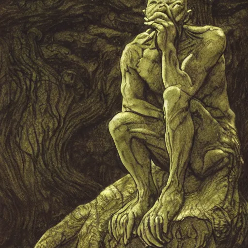 Prompt: toad philosopher toad in a pose The Thinker, swamp, by Auguste Rodin, illustrations by irish fairy tales james stephens arthur rackham, fairy tale illustrations, top cinematic lighting , cinematic mood, very detailed, shot in canon, 8k, high resolution