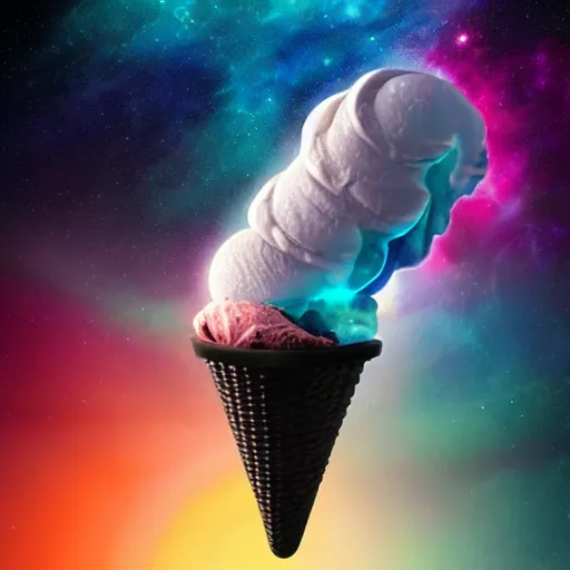 Image similar to dramatic render of a galaxy flavored ice cream cone flying through a space nebula, cgsociety, artstation, 4k