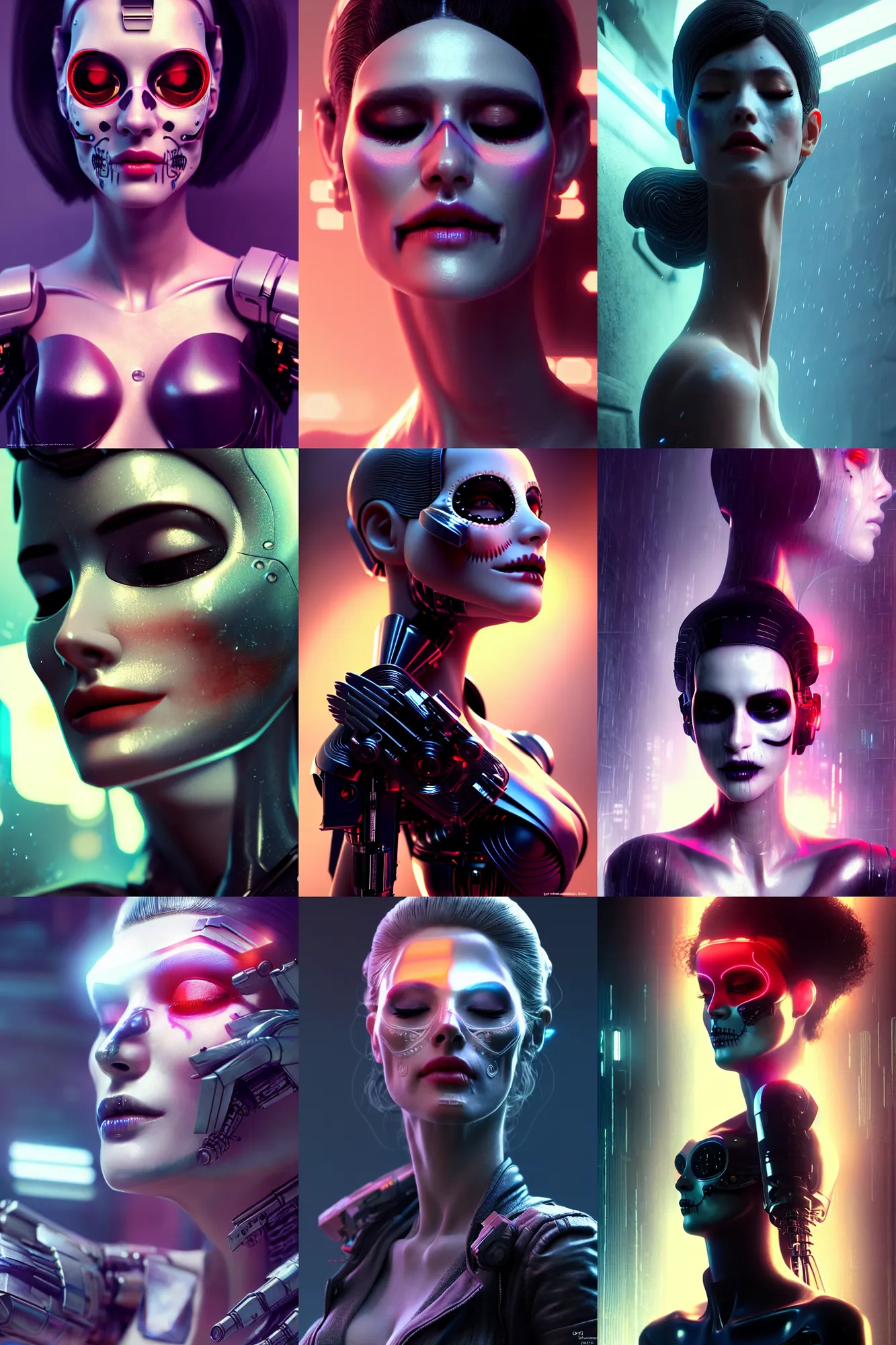 Prompt: beautiful android woman, eyes closed, photorealistic cinematic, 3 d model, cyborg, translucent, postcyberpunk, blade runner, octane render, concept art, vogue, 8 k, intricate detailed environment ( ( el dia los muertos ) ). by terry oneill and kuciara and karol bak and and artgerm