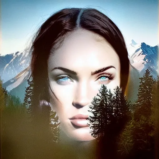 Image similar to double - exposure effect of megan fox face and beautiful mountains, in the style of dan mountford, amazing detail