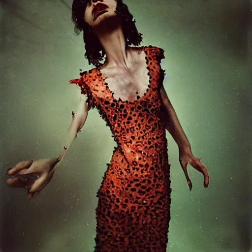 Image similar to kodak portra 4 0 0, wetplate, photo of a surreal artsy dream scene,, girl, weird fashion, extravagant dress, photographed by paolo roversi style