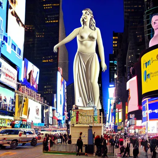 Prompt: a giant greek statue of a woman in times square