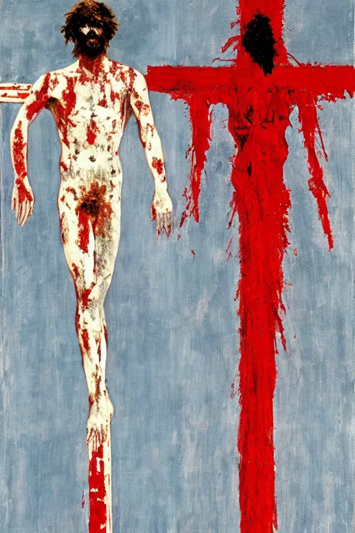 Image similar to bloody jesus christ crucified painted by cy twombly and andy warhol