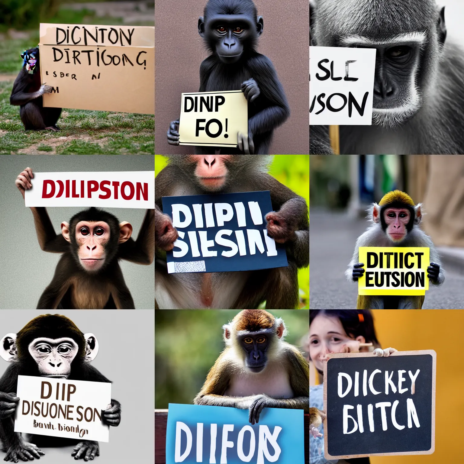 Prompt: monkey holding a sign with text that reads : diffusion