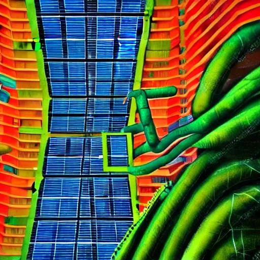 Prompt: dslr kodak, photo of a solar punk lush giant plants city, modern architecture, city color scheme, geometry will draw the soul toward the truth and create the spirit of philosophy, galactic nebula, surrealist oil painting