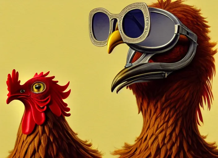 Prompt: an anthropomorphic chicken wearing sunglasses wearing a lab coat, diffuse lighting, fantasy, intricate, elegant, highly detailed, lifelike, photorealistic, digital painting, artstation, illustration, concept art, smooth, sharp focus, art by frank frazetta and marco bucci and loish and rossdraws and artgerm and alphonse mucha