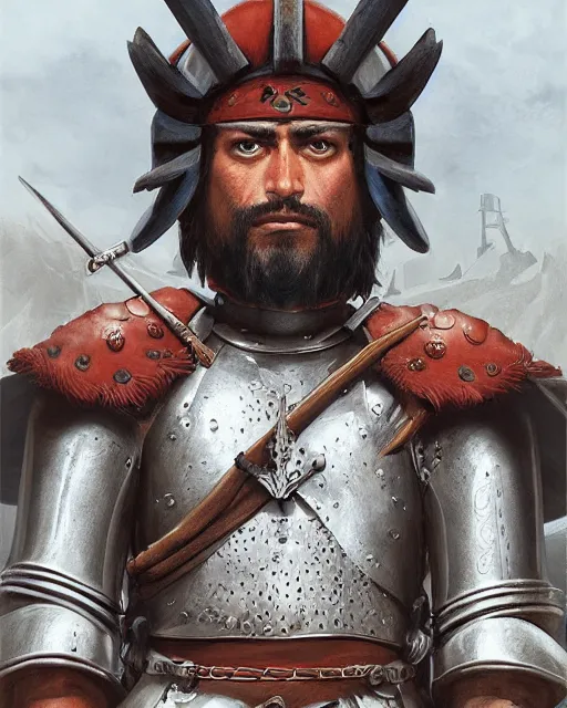 Image similar to ultrarealistic illustration of barbaric spanish conquistador, symmetrical, by daniel zrom and studio ghibli and artgerm