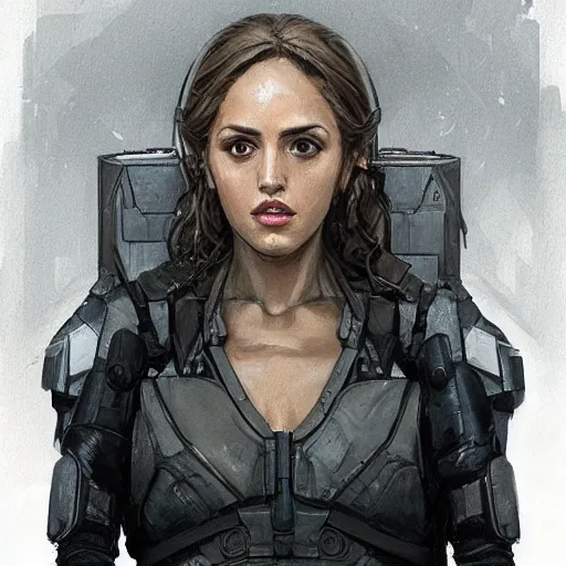 Image similar to portrait of a woman by greg rutkowski, eiza gonzalez as a weyland - yutani mercenary, from aliens franchise, she is about 3 0 years old, military composure, wearing white and black colored tactical gear, highly detailed portrait, digital painting, artstation, concept art, smooth, sharp foccus ilustration, artstation hq