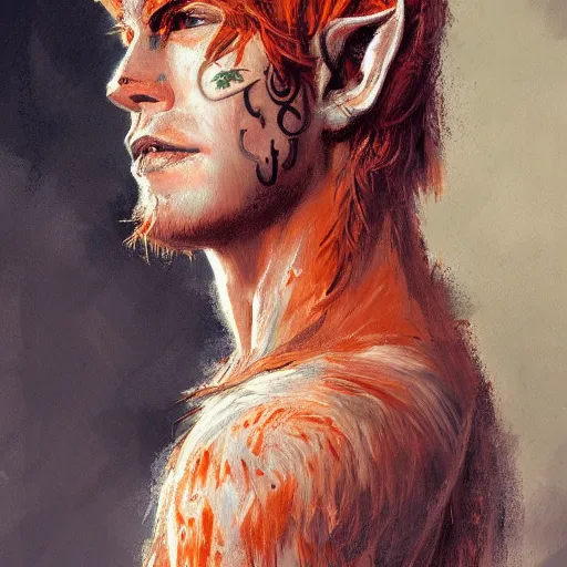 Image similar to portrait painting of an elven young man with short light orange hair and tribal tattoos on his face wearing fur armor, sharp focus, award - winning, trending on artstation, masterpiece, highly detailed, intricate. art by seb mckinnon