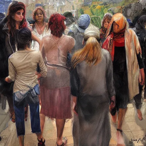 Prompt: group of women come out of hiding to look at the viewer, by jon foster