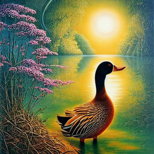 Prompt: a duck on the prowl oil painting gyuri lohmuller