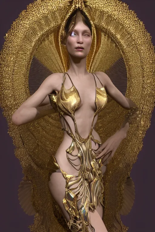 Prompt: a highly detailed 4 k render of a divine alien goddess bella hadid in iris van herpen dress schiaparelli in diamonds in style of alphonse mucha trending on artstation made in unreal engine 4