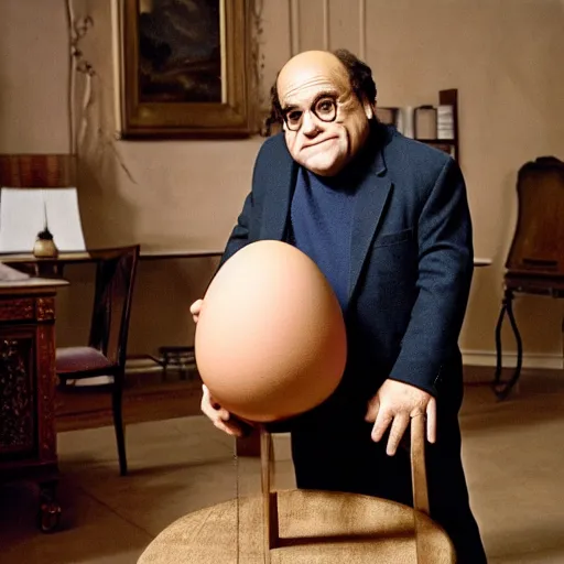 Image similar to danny devito standing next to a chair shaped like an egg, renaissance painting, masterpiece