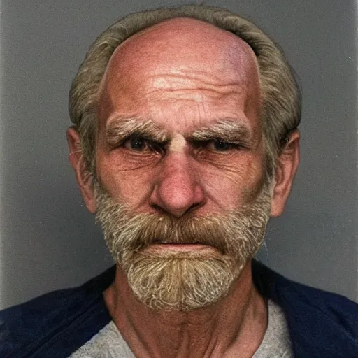 Prompt: A mugshot portrait of a old man who looks like Jerma985 with a receding hairline and short mid-length wavy hair, wearing mid-1980s menswear in the late 2008, taken in the late 1980s, grainy, realistic, hyperrealistic, very realistic, highly detailed, very detailed, extremely detailed, detailed, trending on artstation, front facing, front view, headshot and bodyshot, detailed face, very detailed face